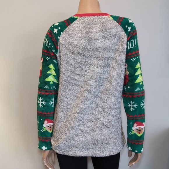 Ugly Christmas Sweater Fleece Feliz Naughty Dog Raglan Knit Pullover Holiday - Picture 7 of 11